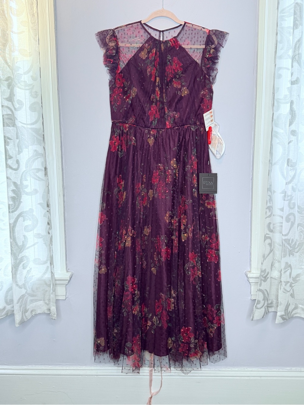 NWT! IEENA FOR MAC DUGGAL Purple Floral Flutter Sleeve Midi Dress Size 4 - Picture 5 of 16
